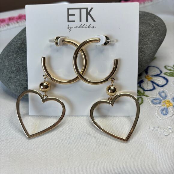 ETK by Ettika Gold Hoop Heart Earrings NWT Minimal MOD Retro Darling Gift - Picture 2 of 5